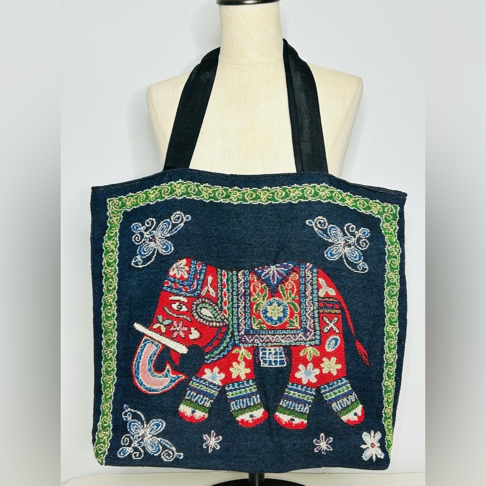 Large Embroidered Elephant Tote - Navy Canvas Background